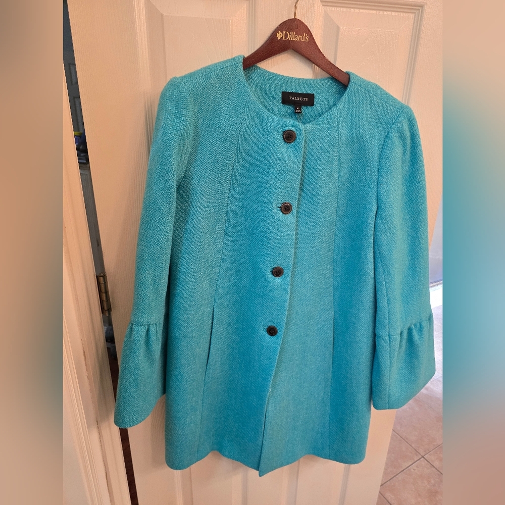 Talbots NWT| Turquoise Wool Blend Flounce Sleeve Jacket Size 10